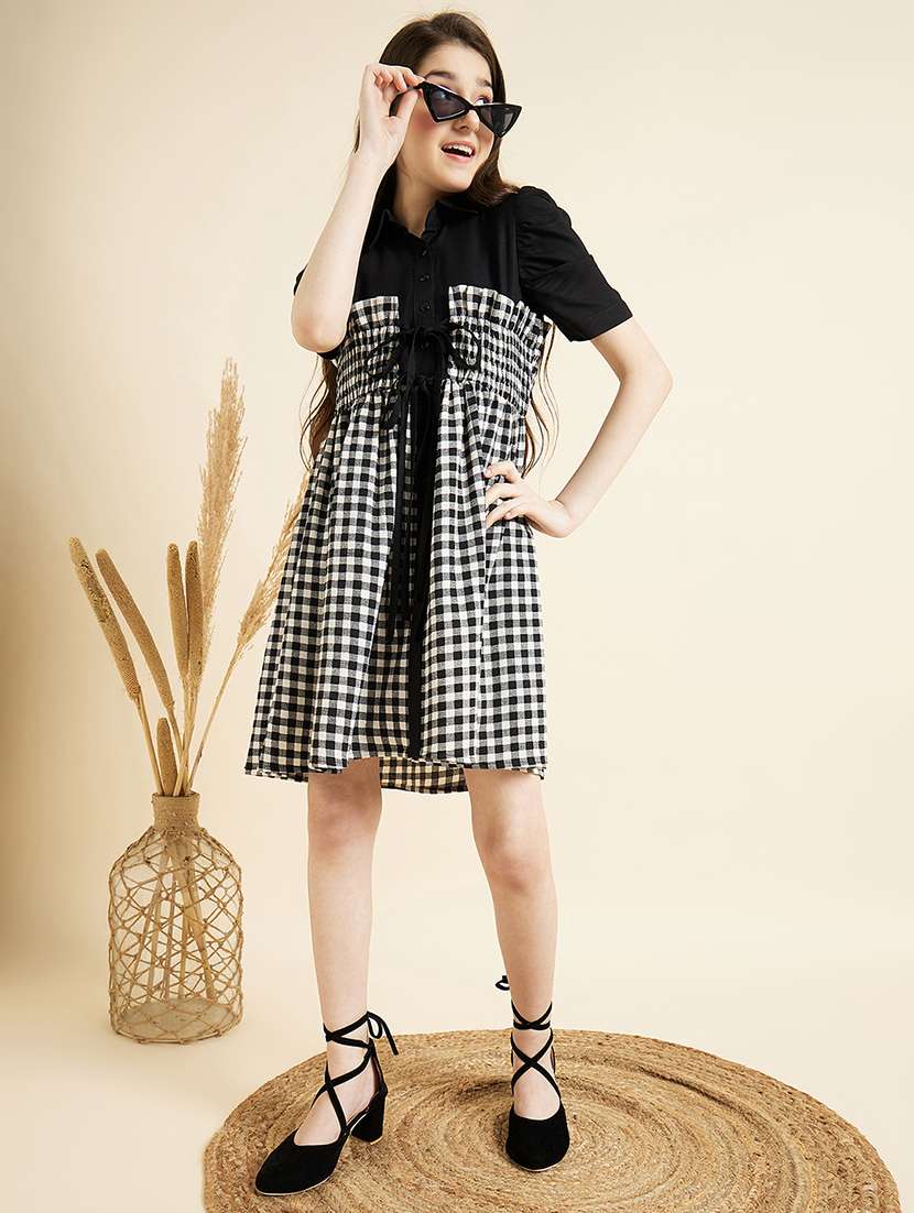 girls checkered puff sleeves fit & flared dress