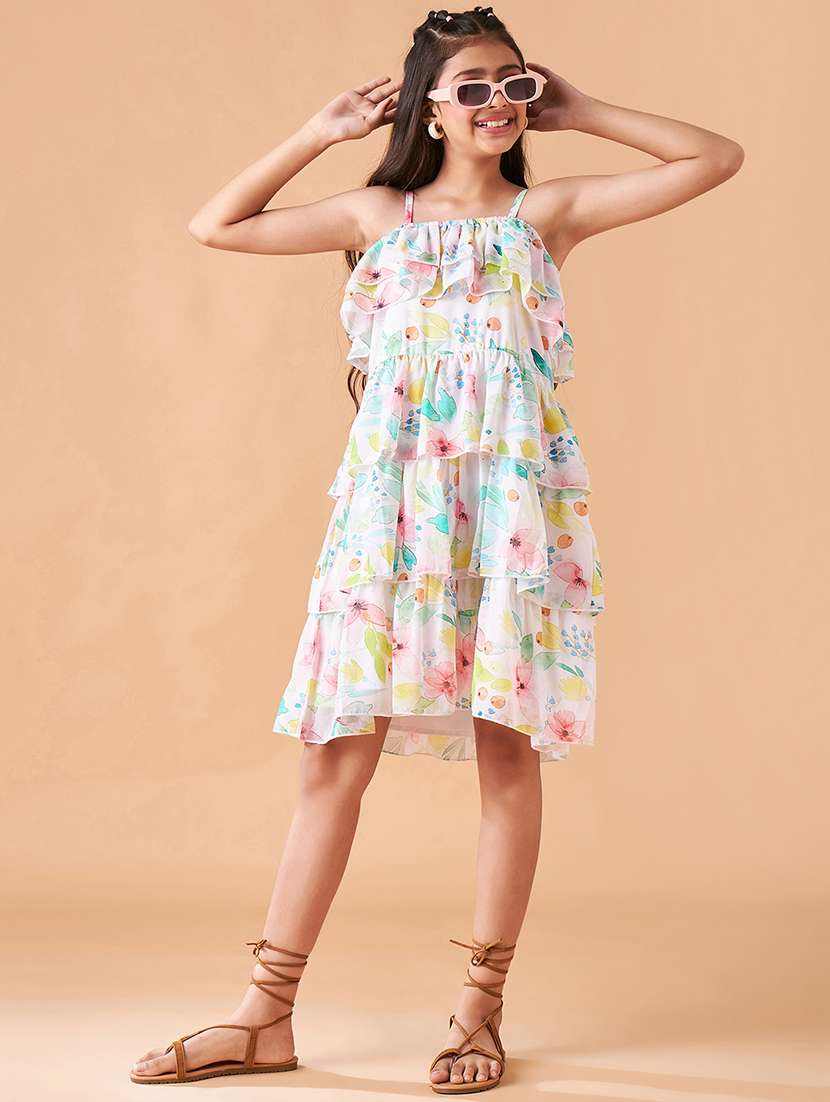 girls floral print shoulder strap layered dress