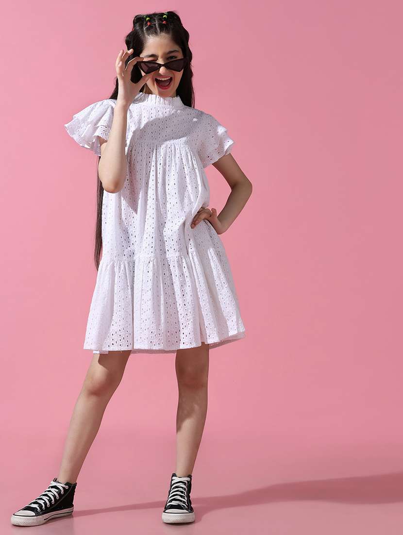 girls solid flared sleeves tiered dress 