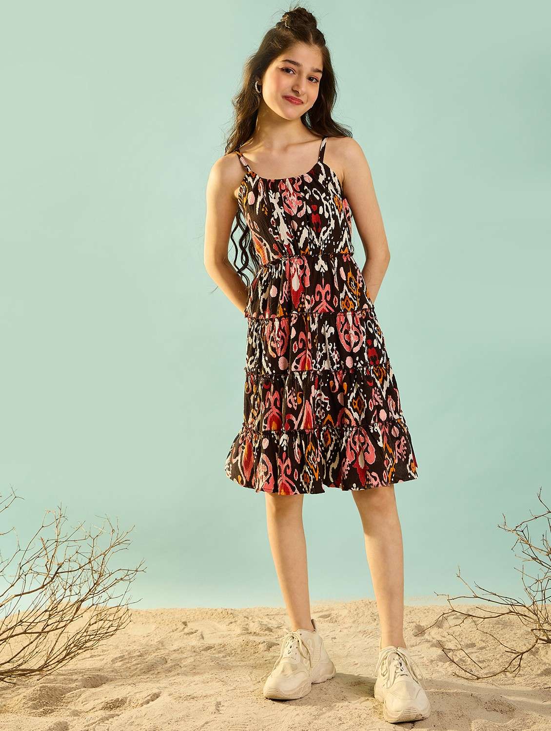 girls printed sleeveless tiered dress