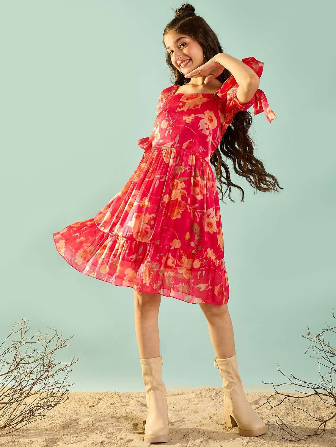 girls floral print puff sleeves tiered dress - 21718675 -  Standard Image - 1