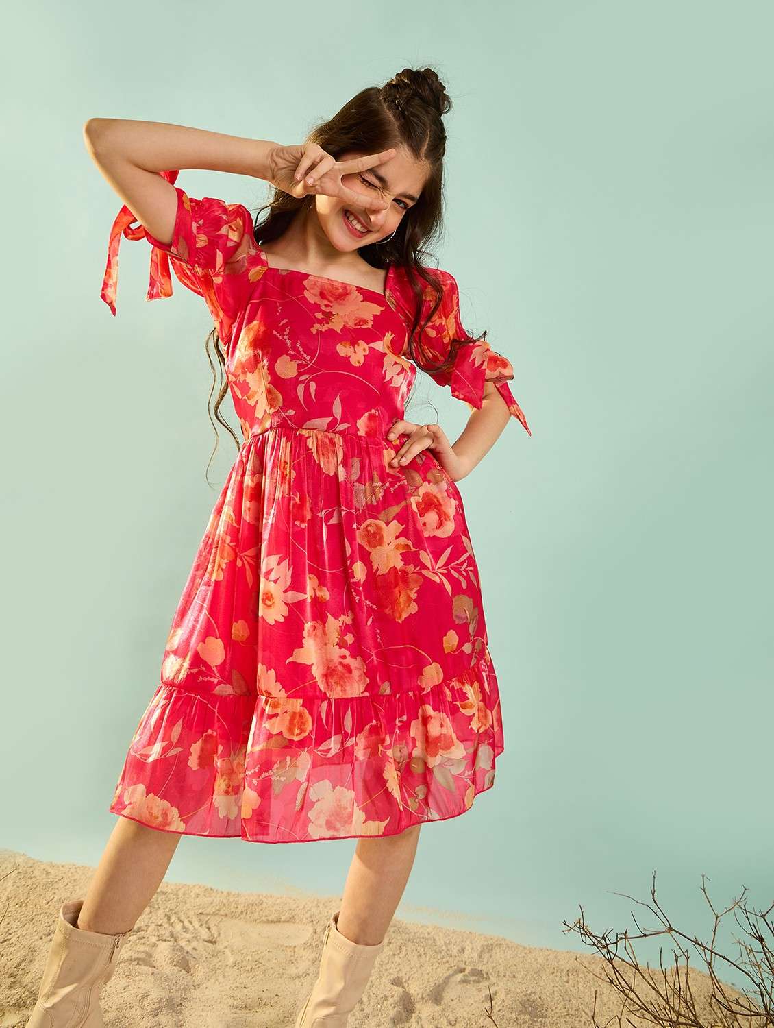 girls floral print puff sleeves tiered dress - 21718675 -  Standard Image - 4