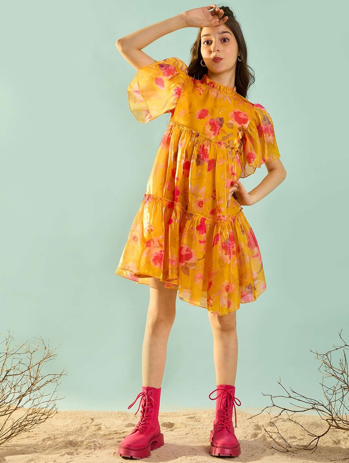 girls floral print flared sleeves tiered dress