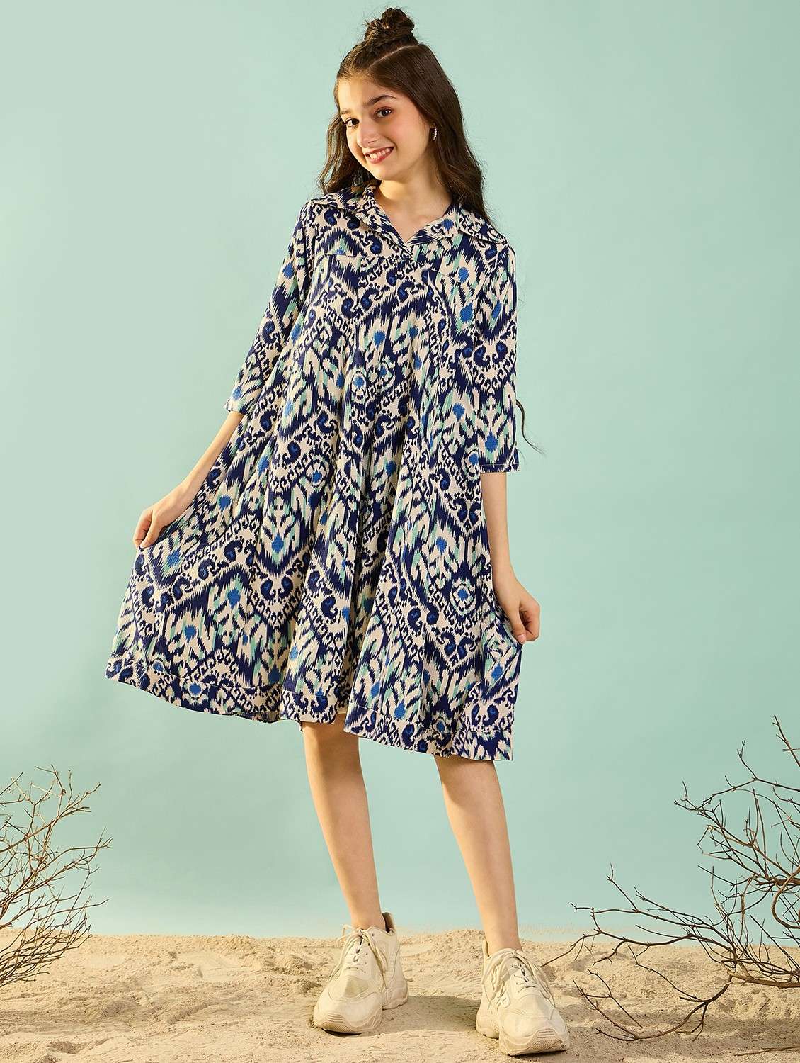 girls printed colared fit and flared dress