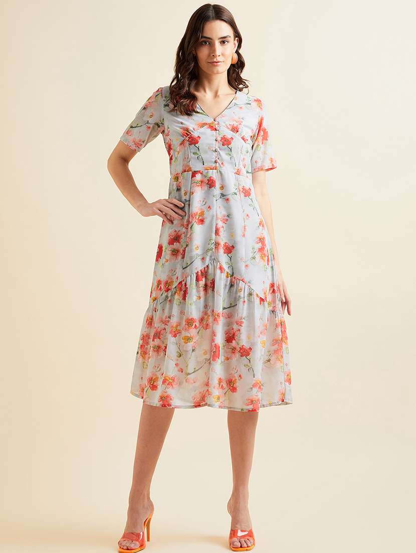 women floral print short sleeves tiered dress