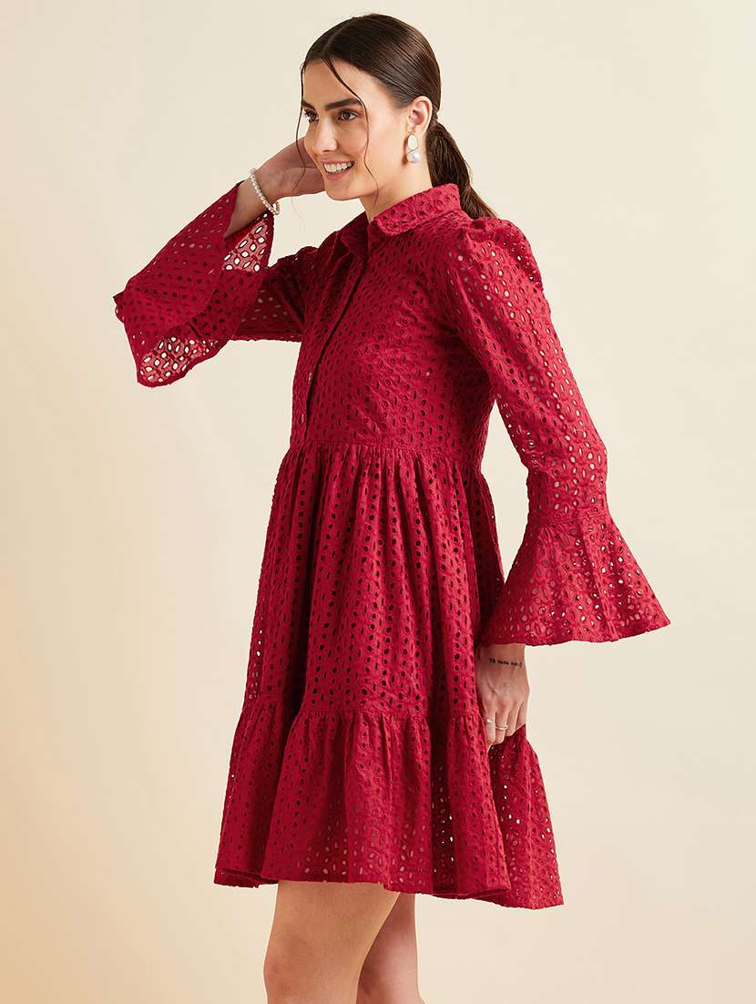women solid collared bell sleeves tiered dress - 21718687 - Standard Image - 1