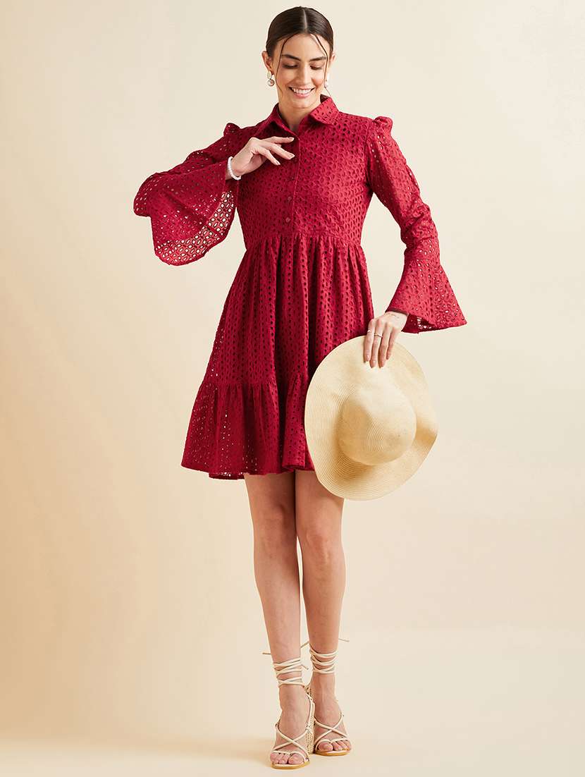 women solid collared bell sleeves tiered dress - 21718687 - Standard Image - 4