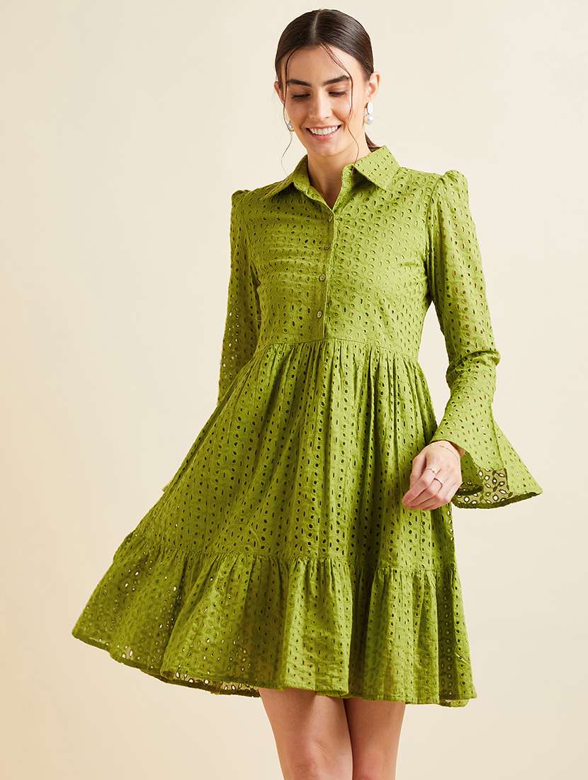 women solid collared bell sleeves tiered dress - 21718688 - Zoom Image - 0