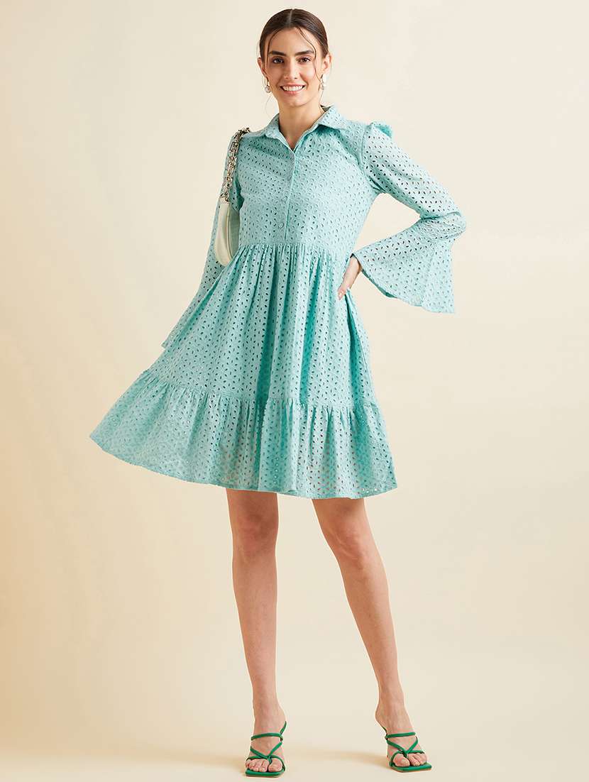 women solid collared bell sleeves dress - 21718689 - Standard Image - 4