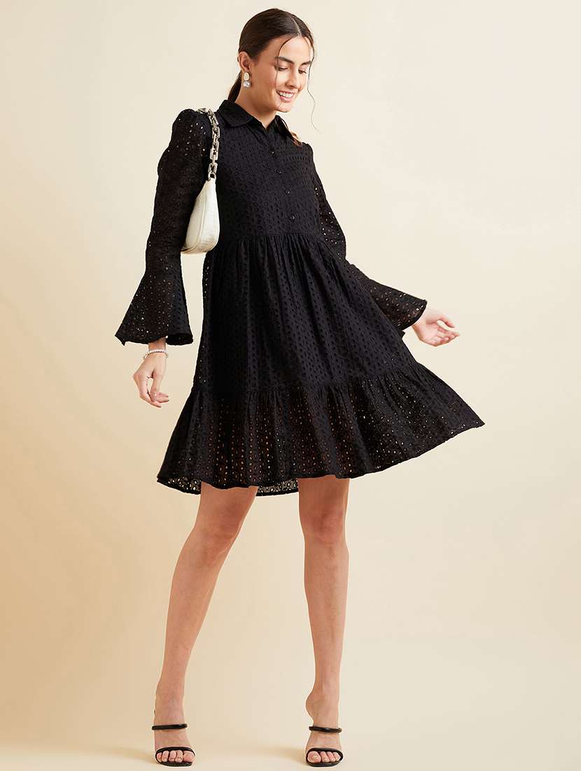 women solid collared bell sleeves tiered dress - 21718690 -  Standard Image - 4