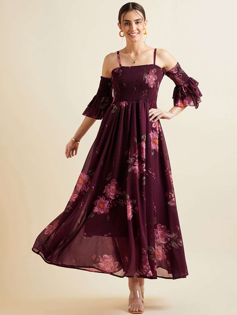 women floral print bell sleeves fit & flare dress