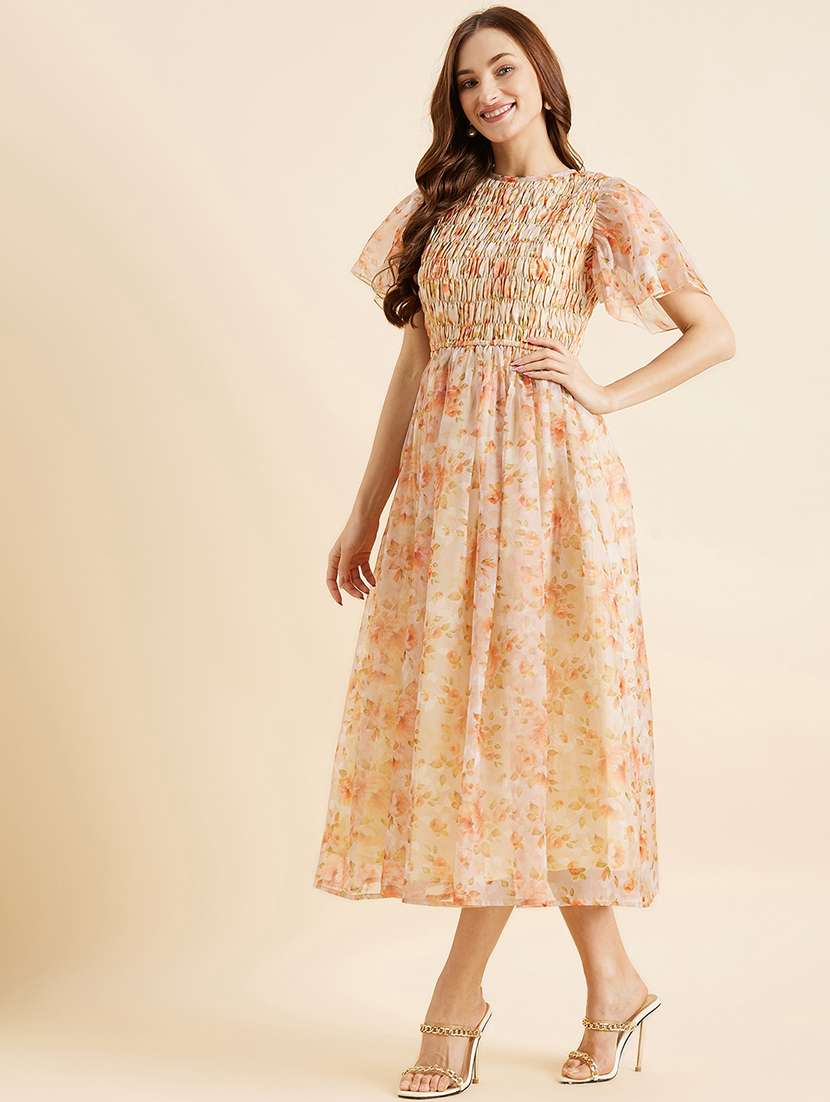 women floral print puff sleeves fit & flare dress - 21718699 - Standard Image - 1
