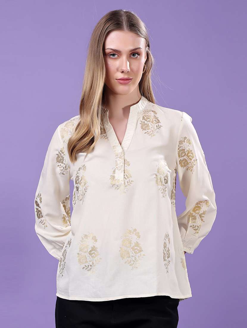 women foil print mandarin neck regular top - 21719478 - Zoom Image - 0