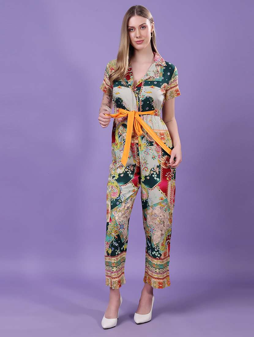women printed lapel collar jumpsuit