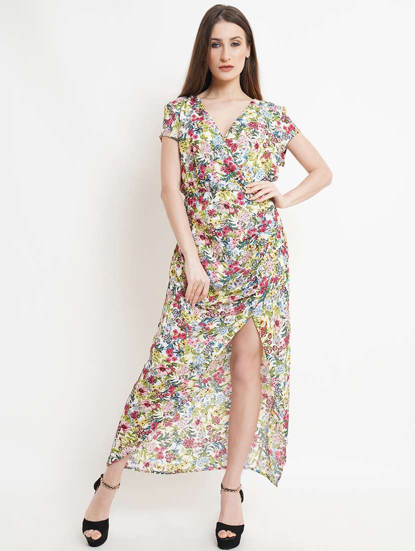 women floral print puff sleeves high slit a-line dress - 21719489 -  Zoom Image - 0