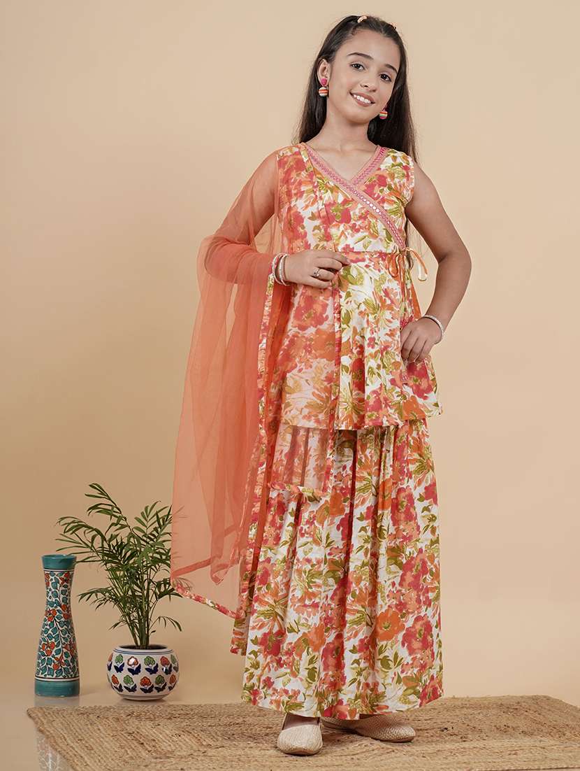 Girls Floral Overlap Neck Kurta Skirt Set With Dupatta