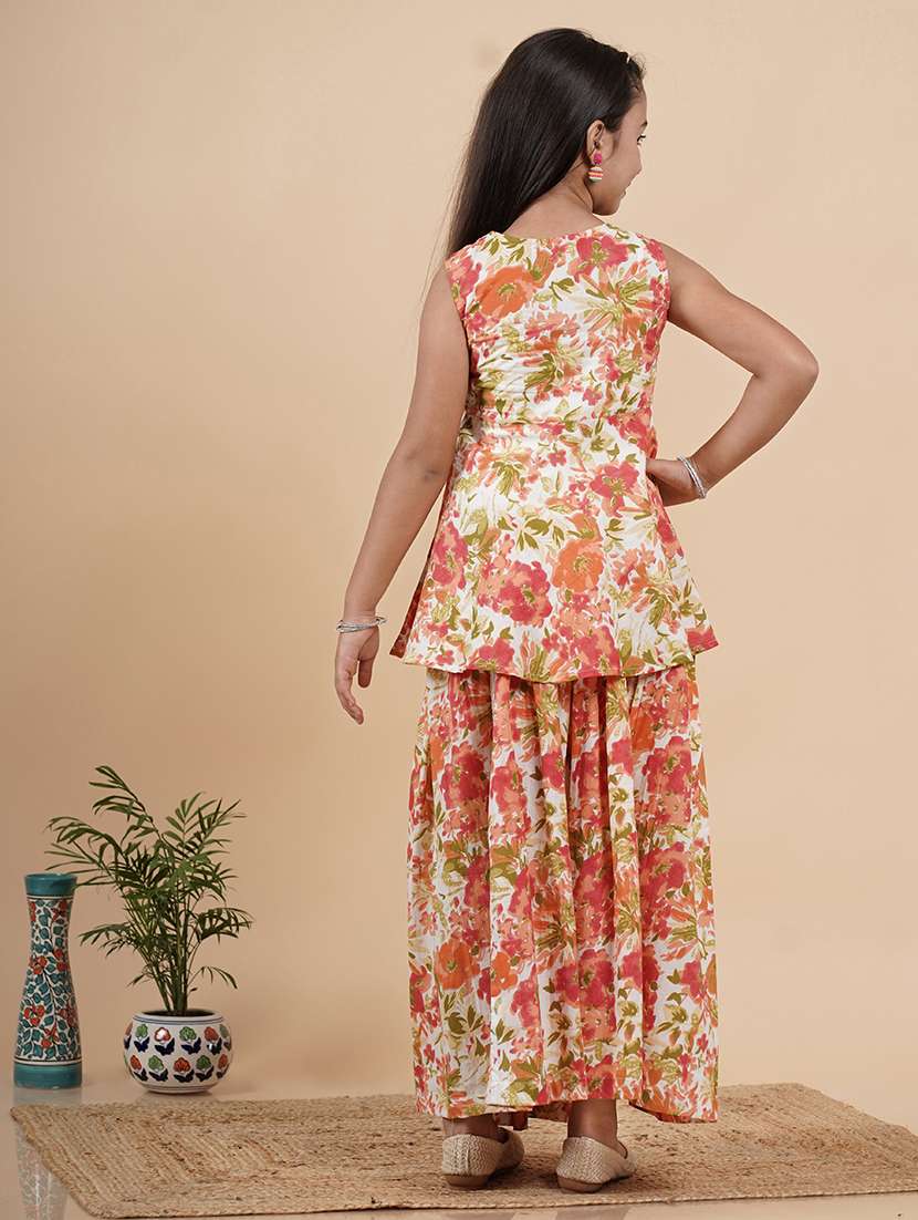 Girls Floral Overlap Neck Kurta Skirt Set With Dupatta