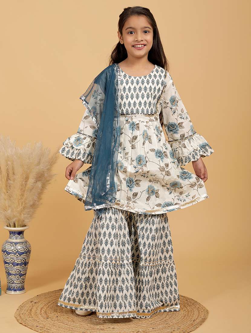 girls floral round neck kurta sharara set with dupatta