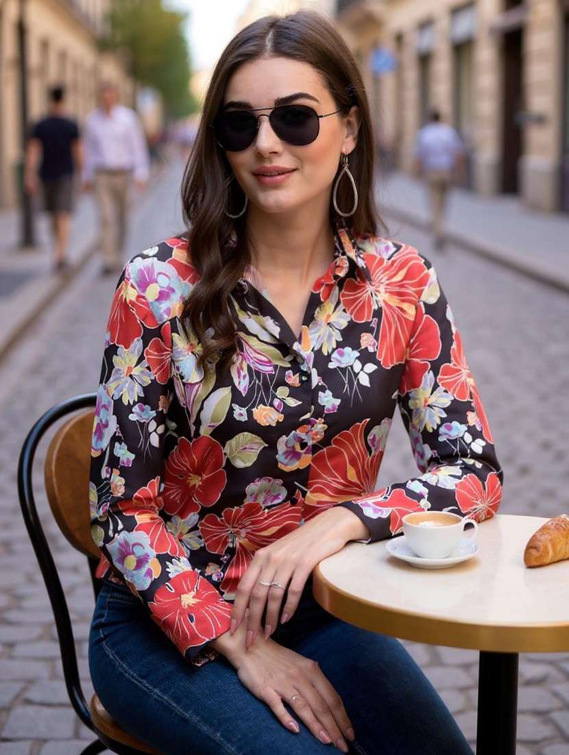 women printed collared regular shirt