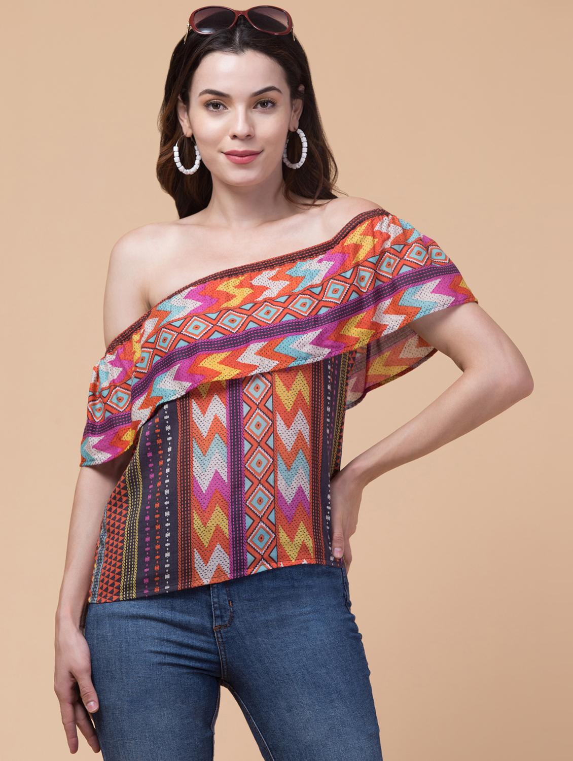 women printed off shoulder regular top - 21719721 - Standard Image - 4