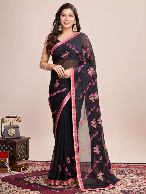 women black embroidered saree with blouse - 21719753 -  Standard Image - 0