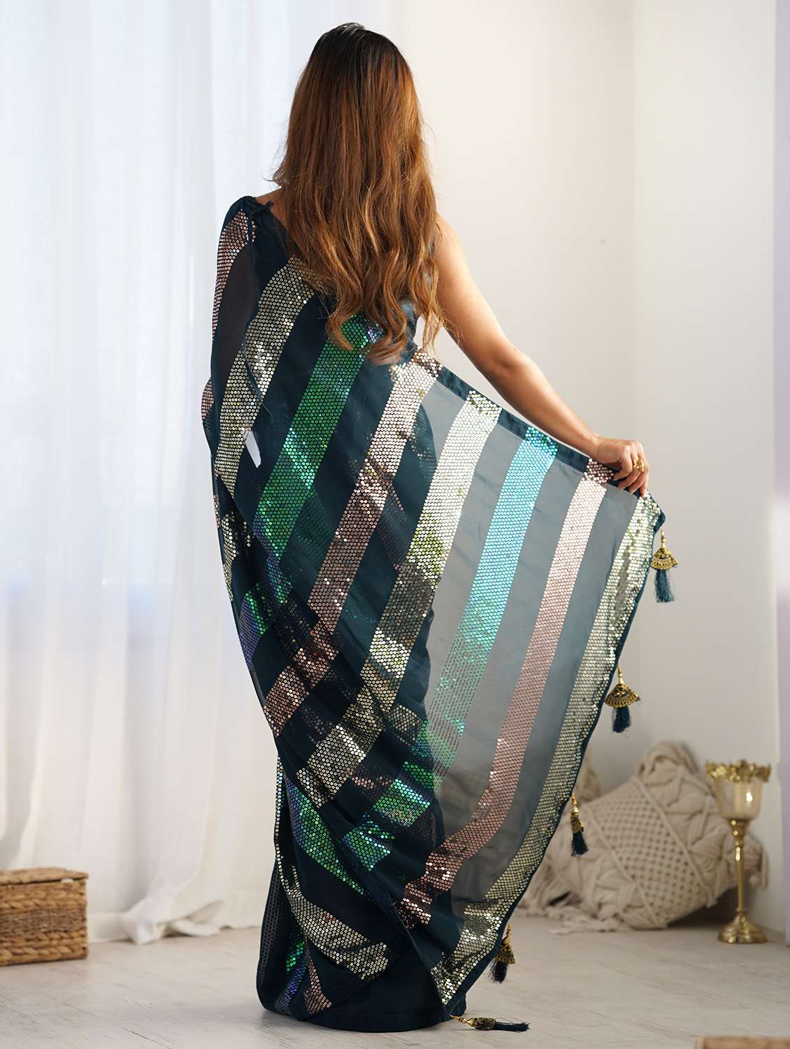 women teal sequin work saree with blouse - 21719761 -  Standard Image - 1