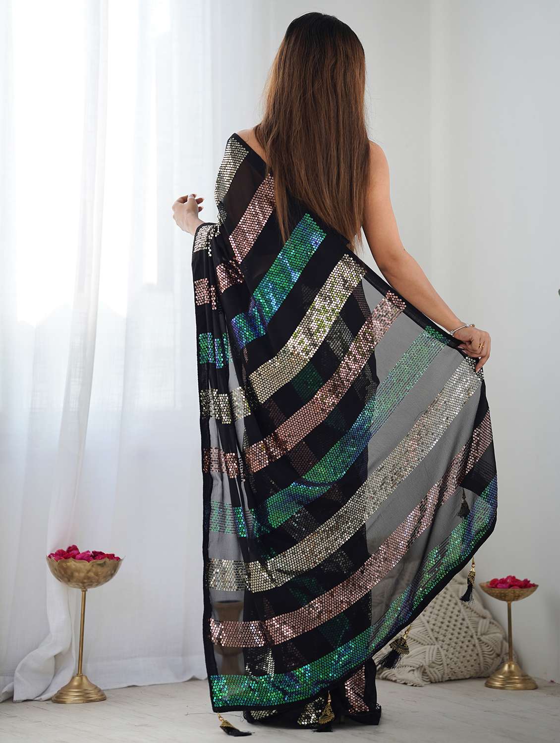women black sequin work saree with blouse - 21719762 - Standard Image - 1