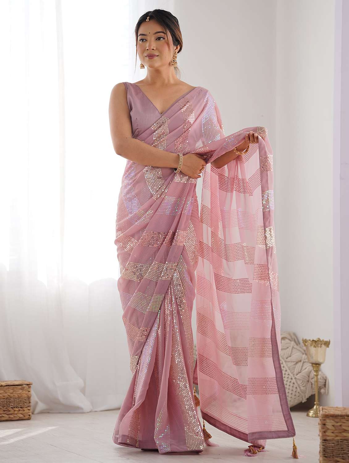 women pink sequin work saree with blouse - 21719763 -  Standard Image - 1