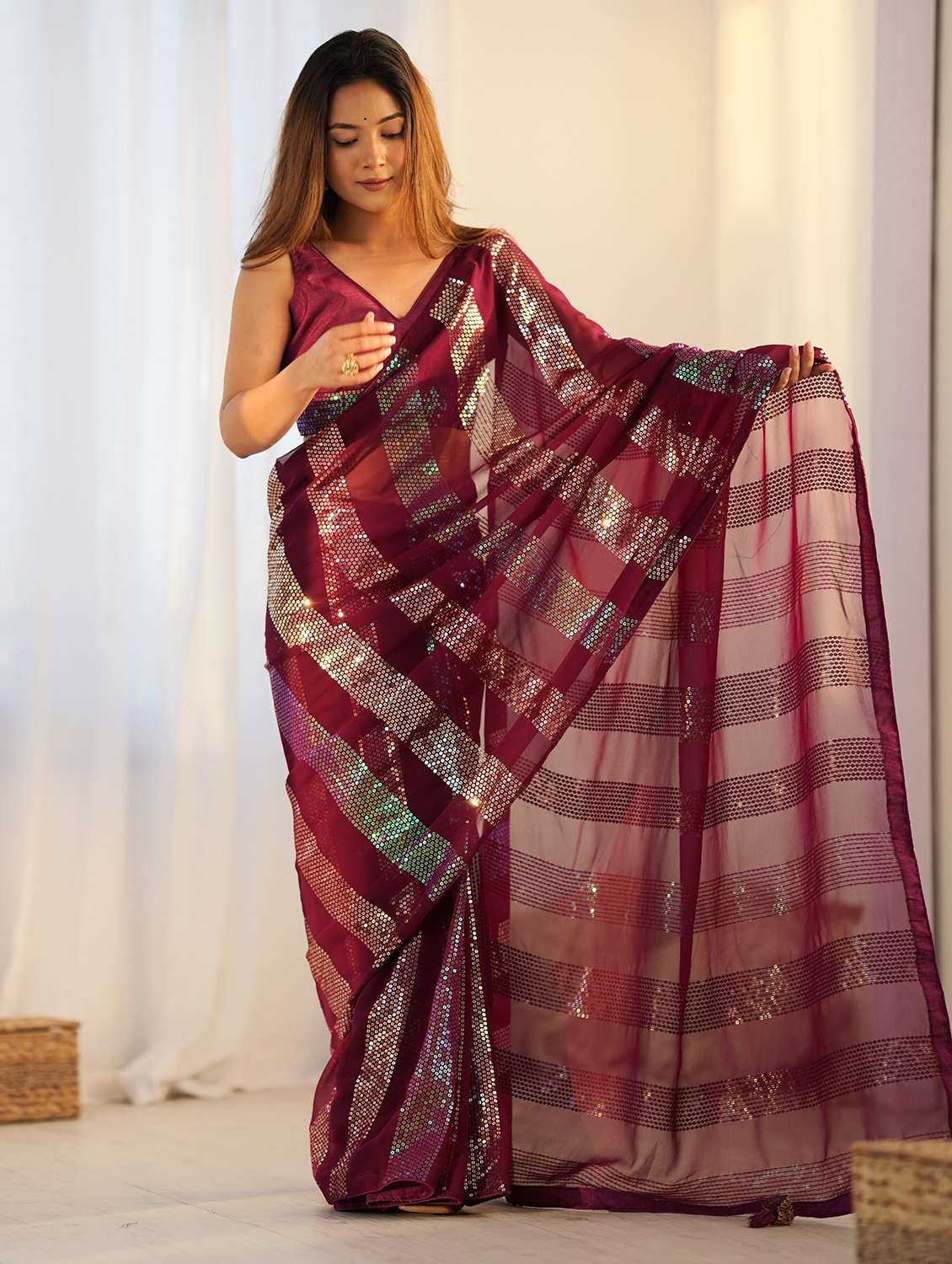 women maroon sequin work saree with blouse - 21719764 -  Standard Image - 1