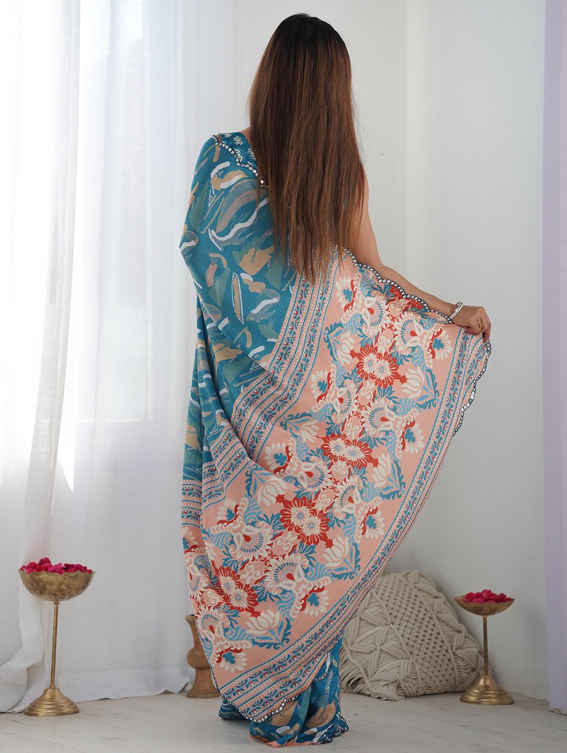 women teal printed saree with blouse - 21719775 - Standard Image - 1