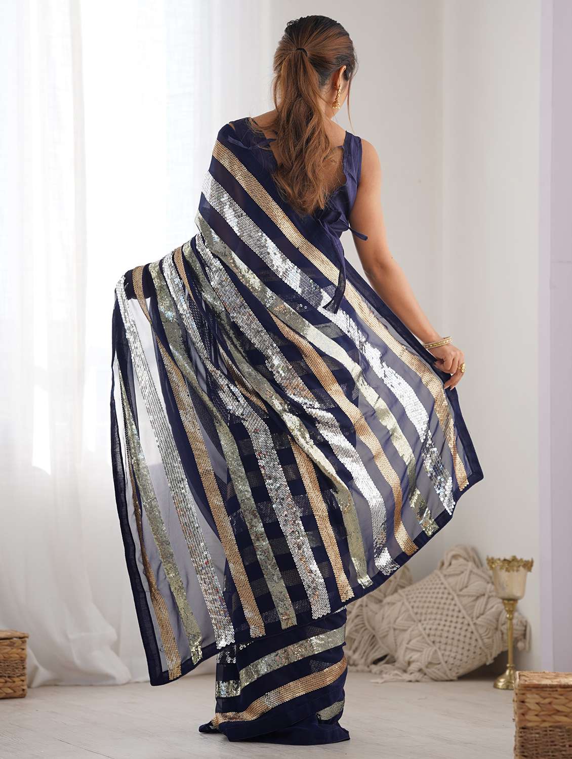 women blue sequin work saree with blouse - 21719796 -  Standard Image - 1