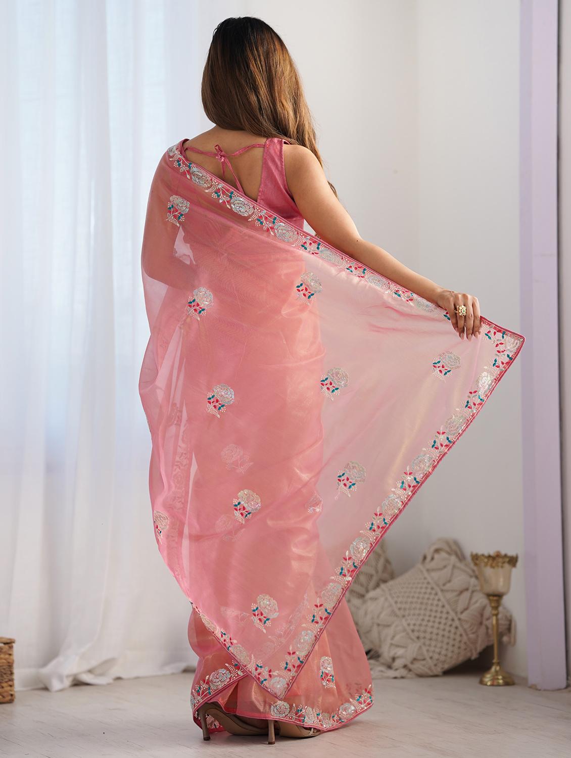 women peach sequin work embroidered saree with blouse - 21719799 -  Standard Image - 1