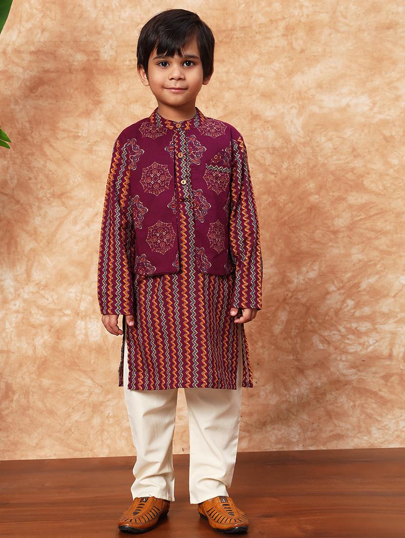 boys mandarin neck printed kurta pyjama set 