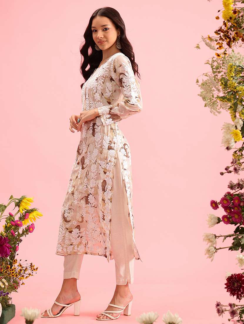 women chikankari work notch neck straight kurta - 21719845 -  Standard Image - 1