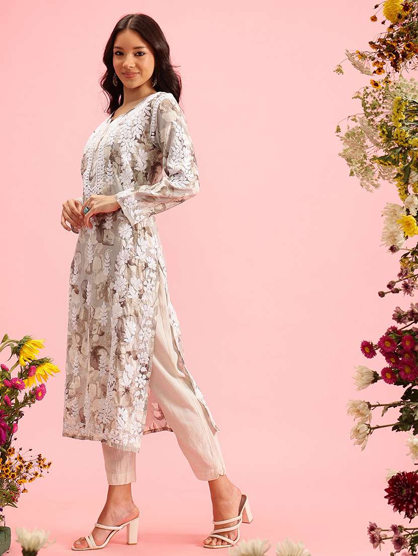 women chikankari work notch neck straight kurta - 21719846 -  Standard Image - 1