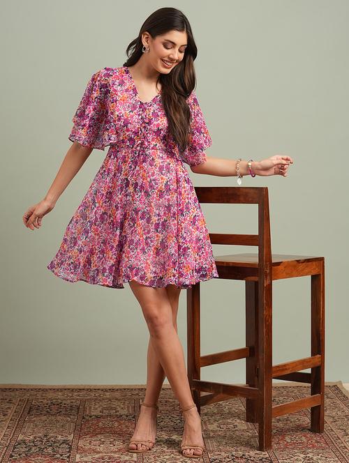 globus women pink v-neck flared sleeves floral print tie-up detail mini a-line dress - 21719874 - Standard Image - 0