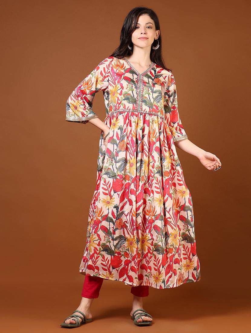 women three quarter sleeve flared kurta - 21719933 - Standard Image - 1