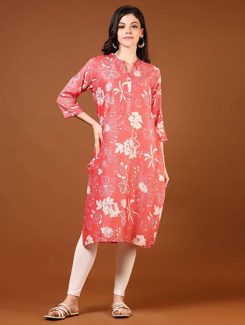 women printed three quarter sleeves straight kurta