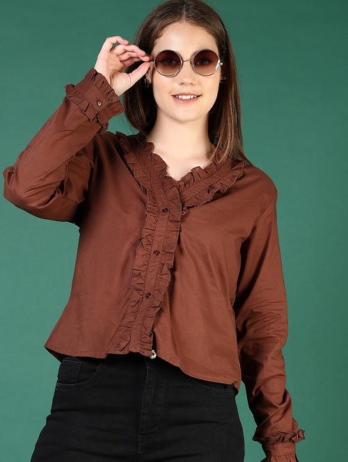 women brown solid long sleeve regular shirt - 21719989 - Standard Image - 0