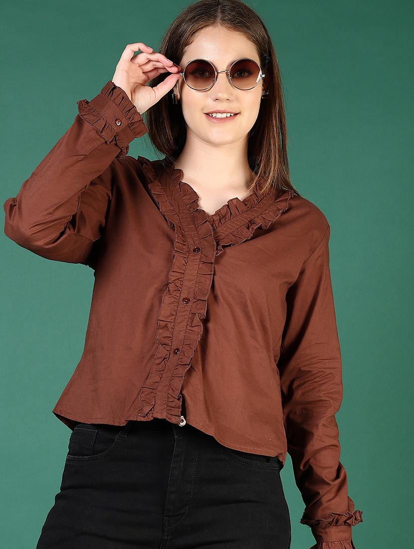 women brown solid long sleeve regular shirt - 21719989 - Zoom Image - 0