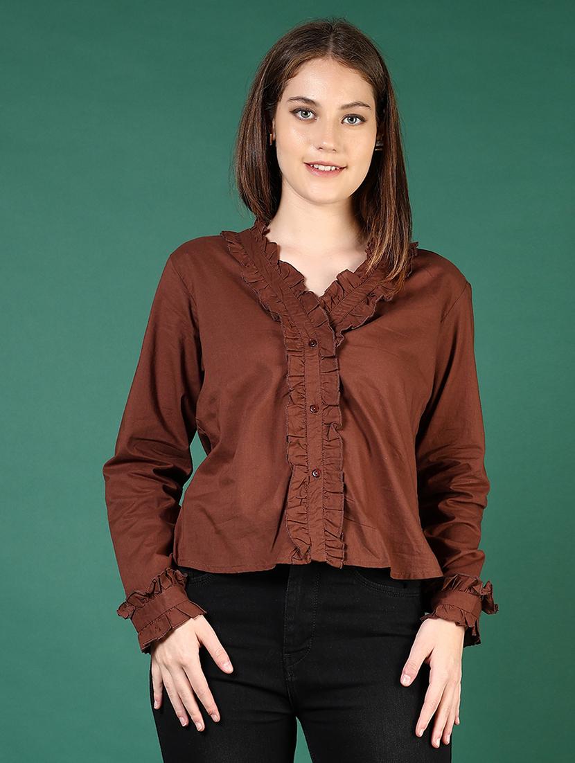 women brown solid long sleeve regular shirt - 21719989 -  Standard Image - 1
