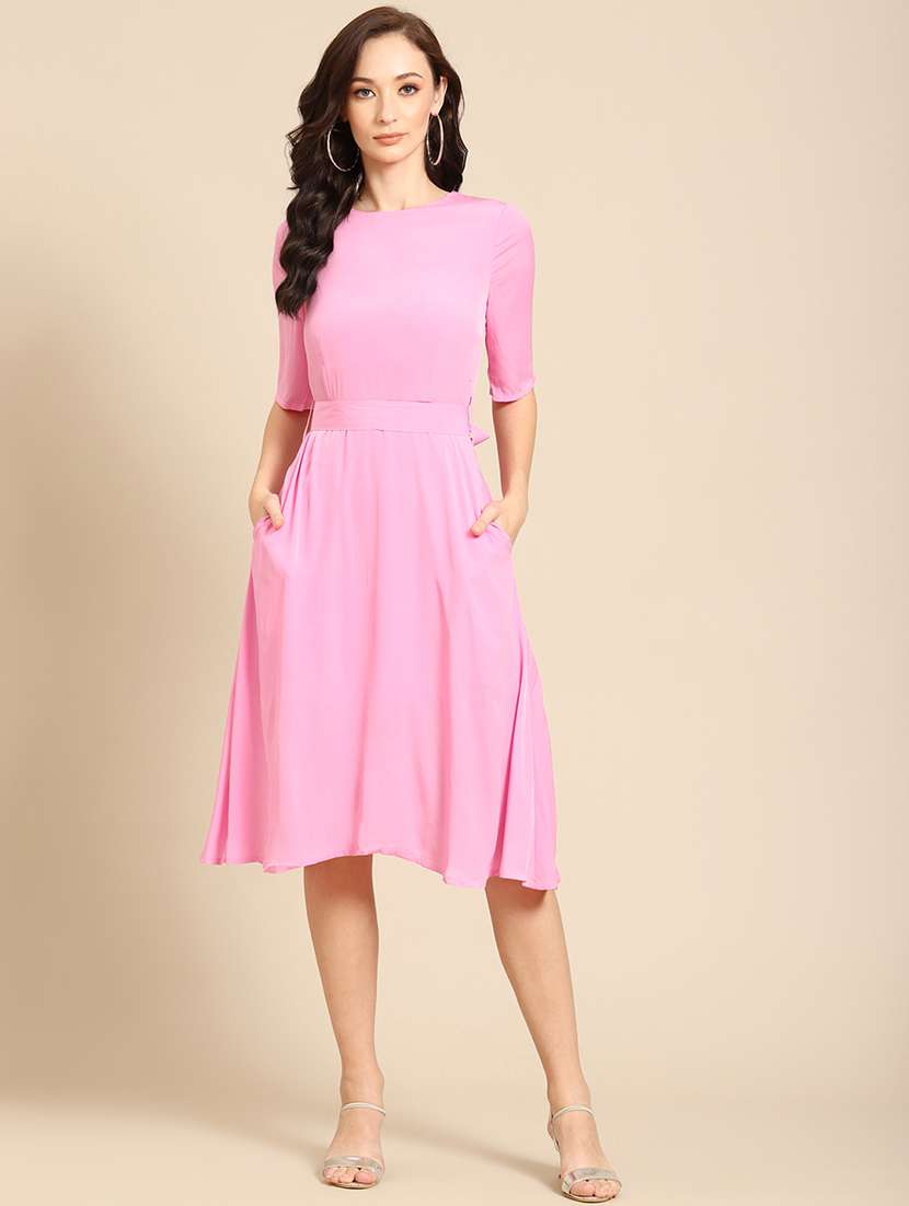 women solid puff sleeves a-line dress