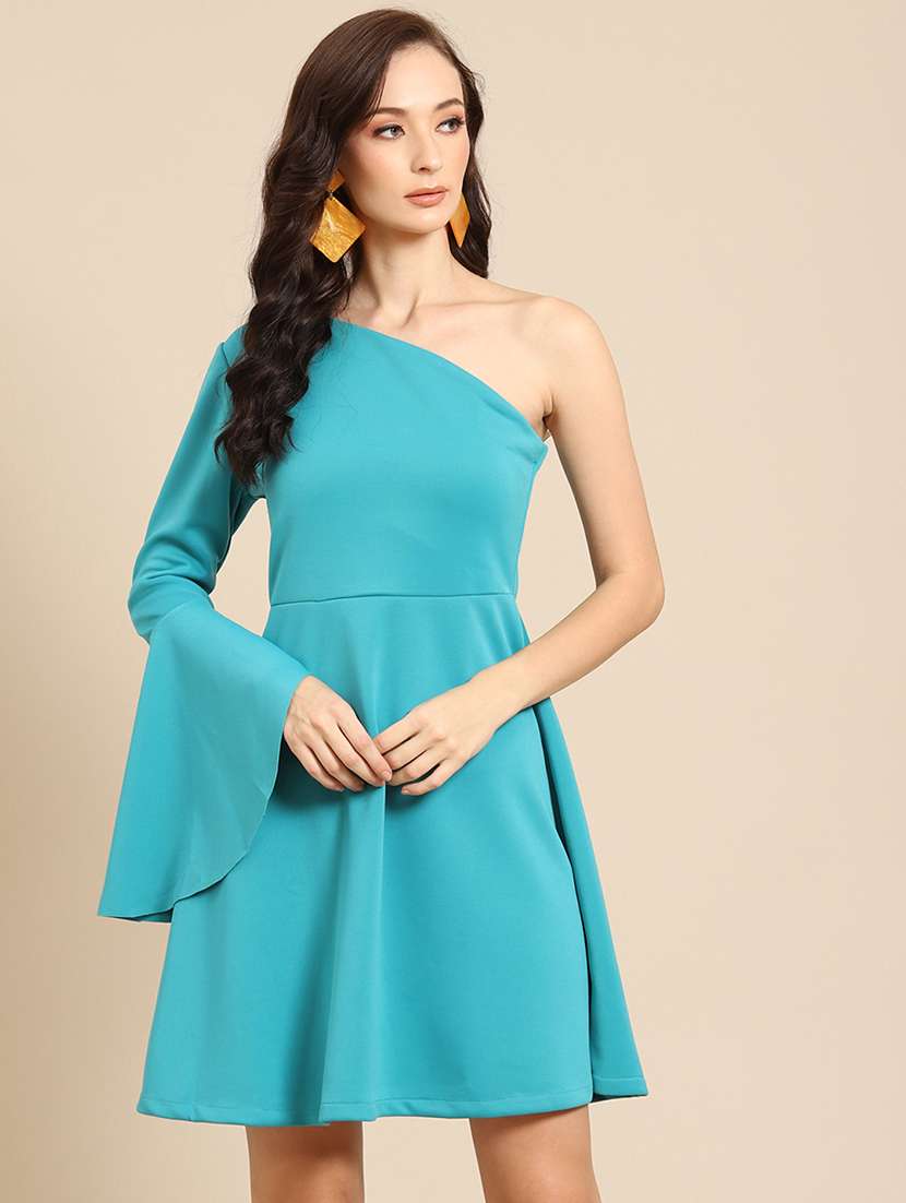 women solid single shoulder a-line dress