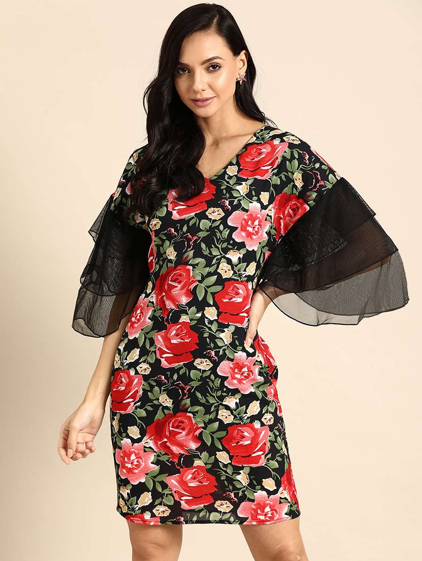 women floral print flared sleeves a-line dress