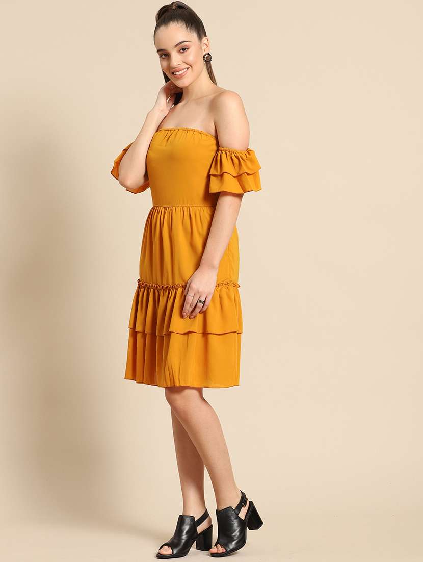 women solid off shoulder layered dress - 21720104 -  Standard Image - 1