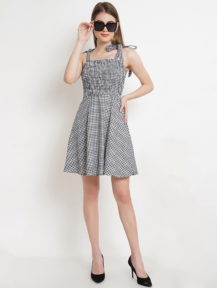 women checkered shoulder strap fit & flare dress - 21720110 - Zoom Image - 0