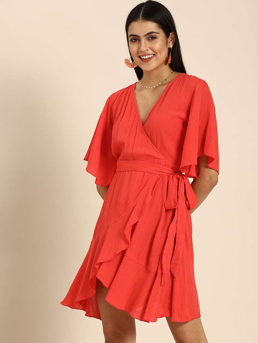 women solid flared sleeves wrap dress