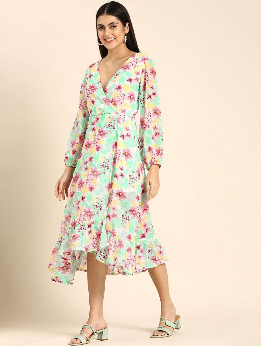 women floral print long sleeves wrap dress - 21720114 - Standard Image - 1