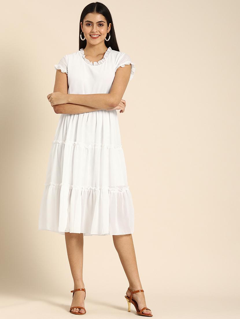 women solid cap sleeves tiered dress - 21720120 - Zoom Image - 0