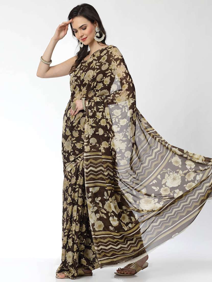 women brown floral printed saree with blouse - 21720152 -  Standard Image - 1